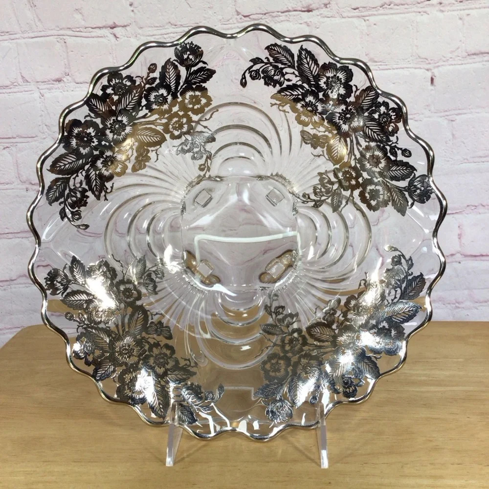 Vintage Silver City Floral Blossom Footed Glass Scalloped Bowl